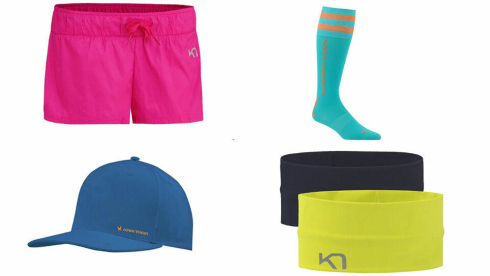 Vindtette rosa Kari Shorts 349,- Høye strømper Tillarot Sock som puster og er elastisk 199,- Mellomblå Traa Cap i bomull 199,- og hårbånd Myrblå Headband 199,-