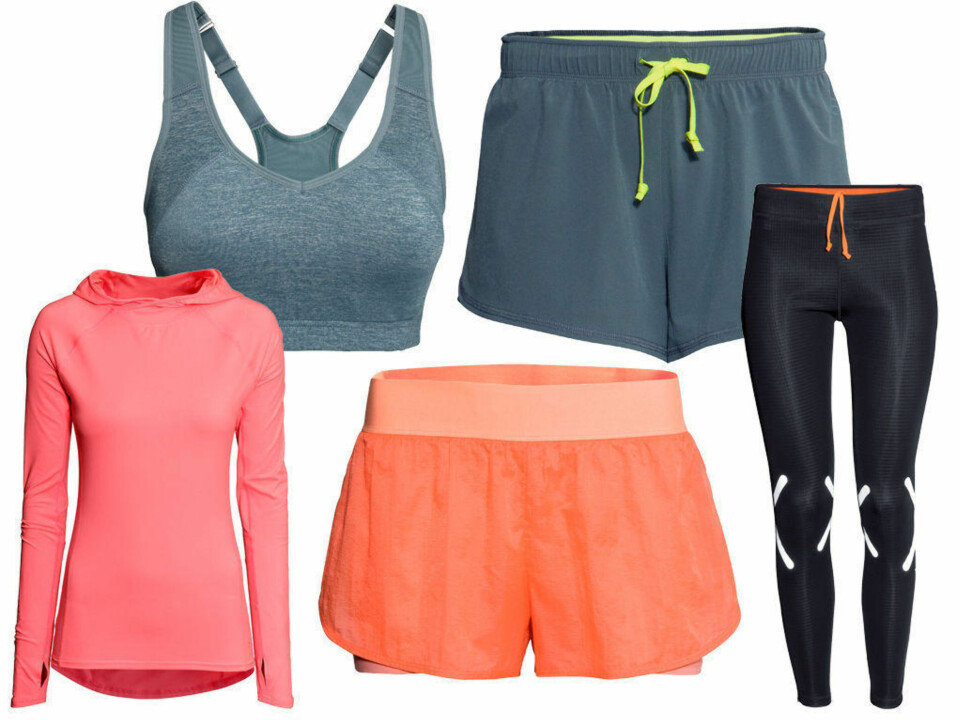 Nyheter fra H&M Sport. Løpetights med refleks 399,- Løpegenser med hette 199,- Løpeshorts i oransje 179,- Løpeshorts i grått 149,- Sports -bh High Suppert 249,-