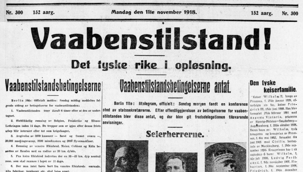 Adressavisen, da Trondhjems Adresseavis, mandag 11.november 1918. (Bildet er redigert ved at rubrikkannonsene i toppen er fjernet)