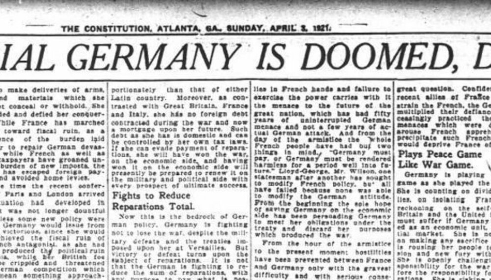 Amerikanske aviser, her representert ved The Constitution i Atlanta, var klare på at krigserstatningene ville medføre store problemer for Tyskland.