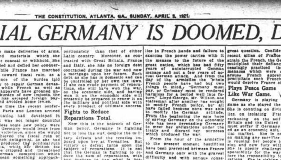 Amerikanske aviser, her representert ved The Constitution i Atlanta, var klare på at krigserstatningene ville medføre store problemer for Tyskland.