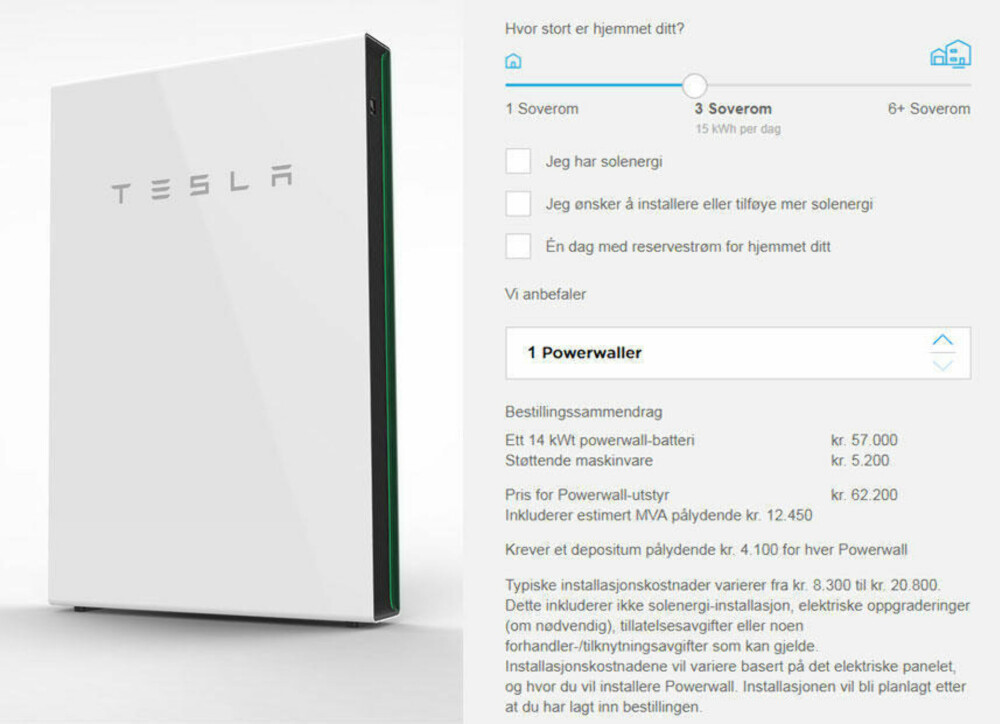 SVINDYRT: Et hjemmebatteri fra Tesla på 14 kWt koster i dag over 60.000 kroner. I tillegg kommer installasjonskostnadene.