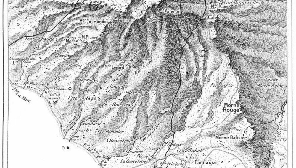 Dette kartet fra 1904 viser området som ble berørt av utbruddet i 1902.