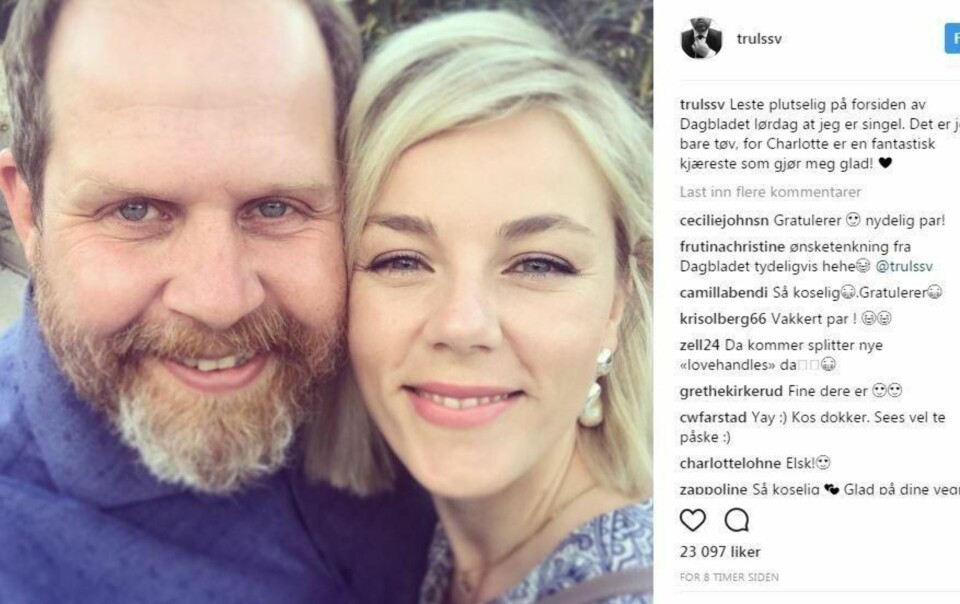 IKKE SINGEL: Truls Svendsen gikk søndag ut på sin egen Instagram og avviste at han er singel. «Charlotte er en fantastisk kjæreste», skriver tromsøværingen. Skjermdump: Instagram