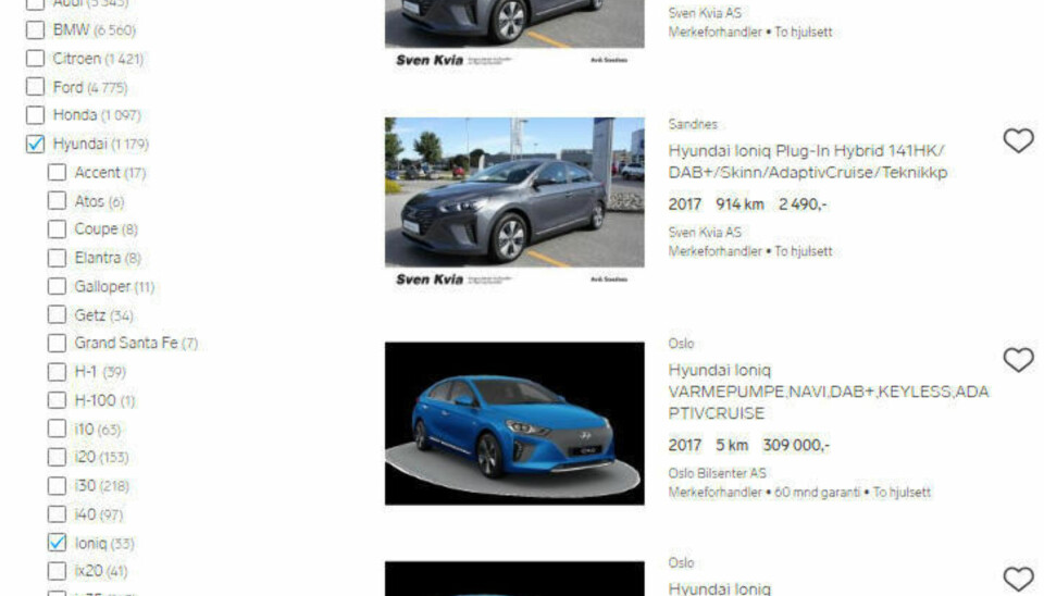 Dette er noen av Ioniq-modellene som nå ligger ute på Finn til langt over listepris (de to øverste er ladbare hybrider, mens de under er lagerklare elbiler).