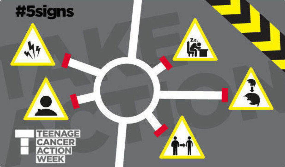 DE FEM VIKTIGSTE FARESIGNALENE: Av de elleve tegnene på kreft, visualiserer Teenage Cancer Trust de fem viktigste signalene på denne måten. Les mer her (pdf).