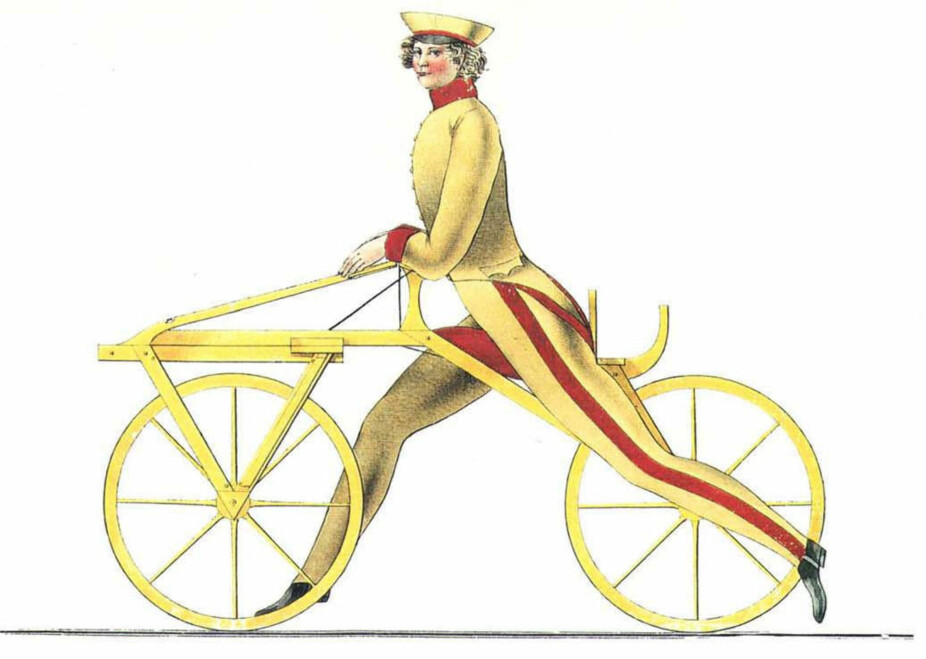 SKULLE ERSTATTE HESTEN: På grunn av mangel på havre pønsket den tyske oppfinneren Karl Drais ut nye transportmetoder som kunne erstatte hesten. Resultatet over drar du kanskje kjensel på?