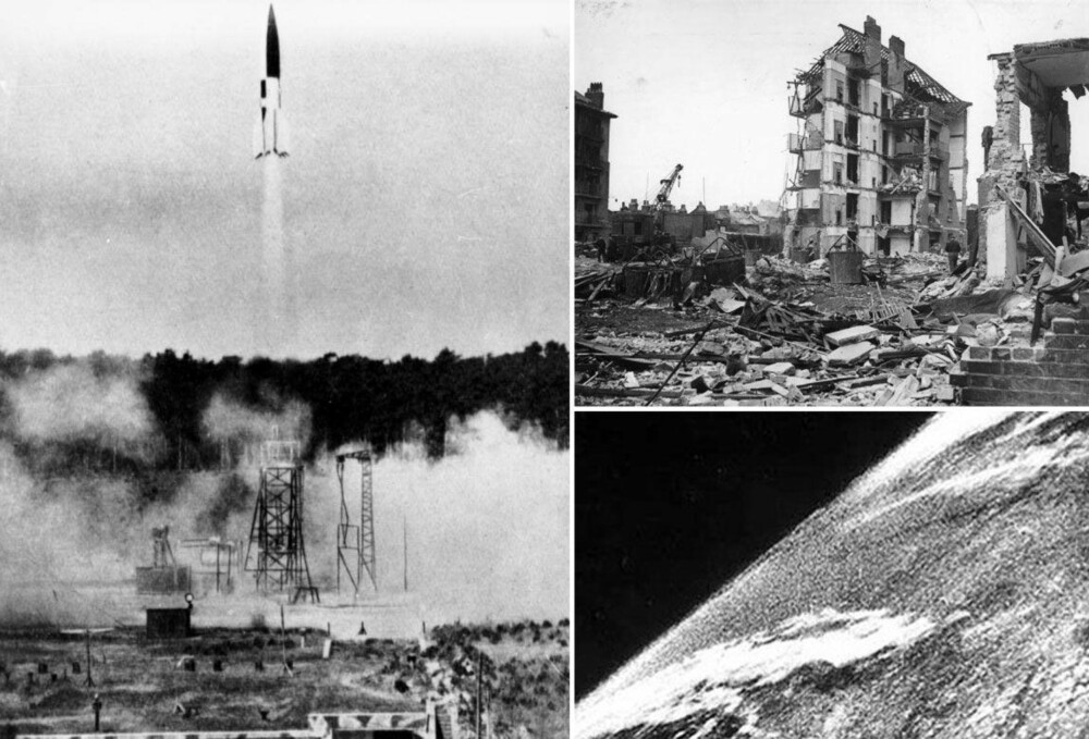 V-2-RAKETTEN: Planene for en verdenskontrollerende solkanon ble utviklet av de samme vitenskapsmennene som virkeliggjorde V-2-raketten. Til venstre: V-2 testes sommeren 1943. Oppe til høyre: London fikk smake kreftene i den fryktinngytende raketten (1945). Nederst til høyre: Historiens første bilde tatt fra verdensrommet ble knipset fra en V-2-rakett skutt opp av amerikanske forskere i 1946.