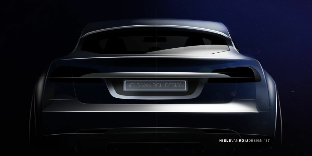TESLA MODEL S-HOOTING BRAKE: Slik ser bildesigneren Niels van Roij for seg at en stasjonvogn bygget på Tesla Model S kan se ut.