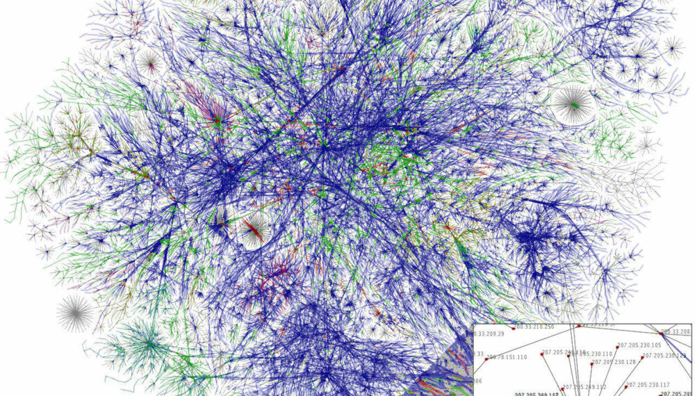 KAOTISK: Dette kartet illustrerer routingen som foregår på nett, og som ICANN er ansvarlig for å holde kontroll på.