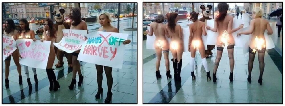 PROTEST: Det skapte overskrifter da en gjeng nakne kvinner tok til gatene i Moskva i støtte for Harveu Weinstein. Én av kvinnene som var der er eskortepiken Anastasia Ribka. 