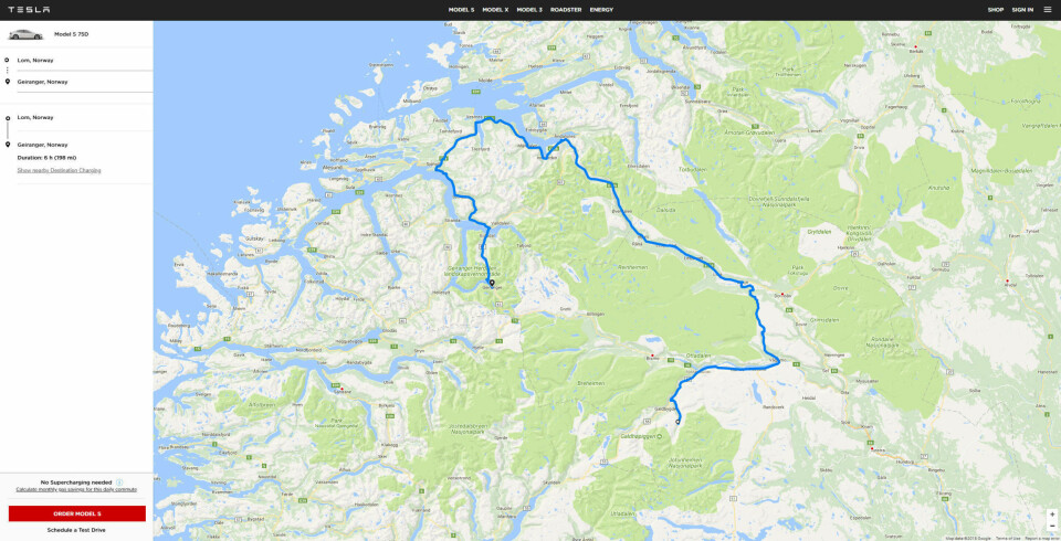 UNDERLIG RUTEVALG: Den raskeste ruta fra Lom til Geiranger går via riksvei 15, men Tesla foreslår denne nesten seks timer lange omveien. Det er ekstra snodig med tanke på at Tesla har bygget superladere i Bismo langs riksvei 15. Selv om Geirangerveien langs fylkesvei 63 er vinterstengt, er denne ruta ti mil og over én time lenger.