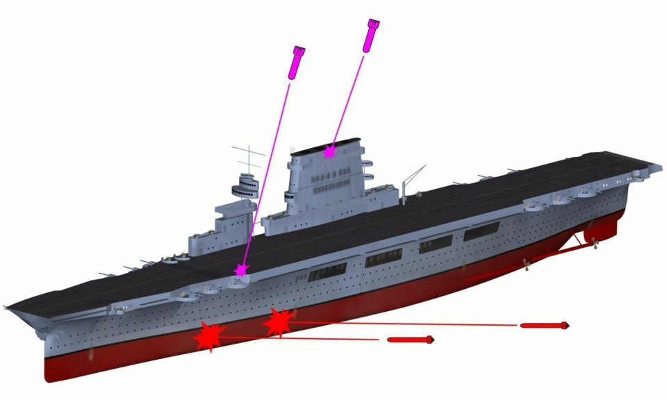 USS Lexington ble truffet av to torpedoer og to bomber før det sank i slaget om Korallhavet.