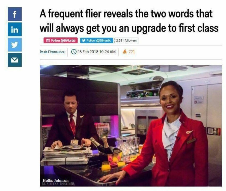 TVILSOMT TIPS: SAS' opplyser at de ikke er helt overbevist om forfatter Tilly Bagshawes tips om hvordan man best blir oppgradert på en flytur,