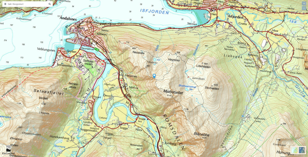 <b>KART OVER ROMSDALSEGGEN:</b> På norgeskart.no kan du lage ditt eget turkart over Romsdalseggen.