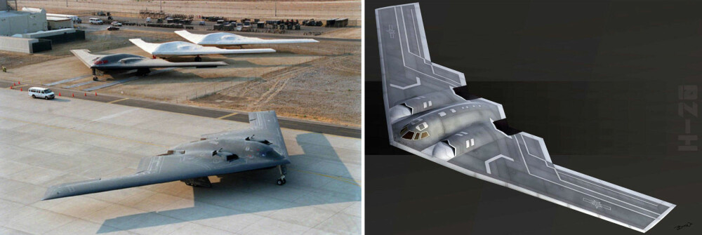 <b>STRATEGISK BOMBEFLY H-20:</b> Illustrasjonen til høyre er hvordan designeren Bai Wei ser for seg at Kinas nye bombefly H-20 kan se ut. Designet minner unektelig om USA B-2 Spirit (til venstre) og det kommende B-21.