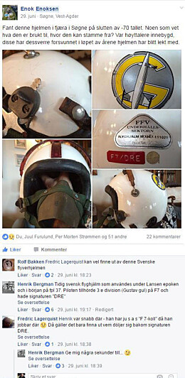 <b>RASK RESPONS: </b>Ut fra bildene som Enoksen la ut på Facebook-forumet Information Alfa ble hjelmen raskt identifisert.