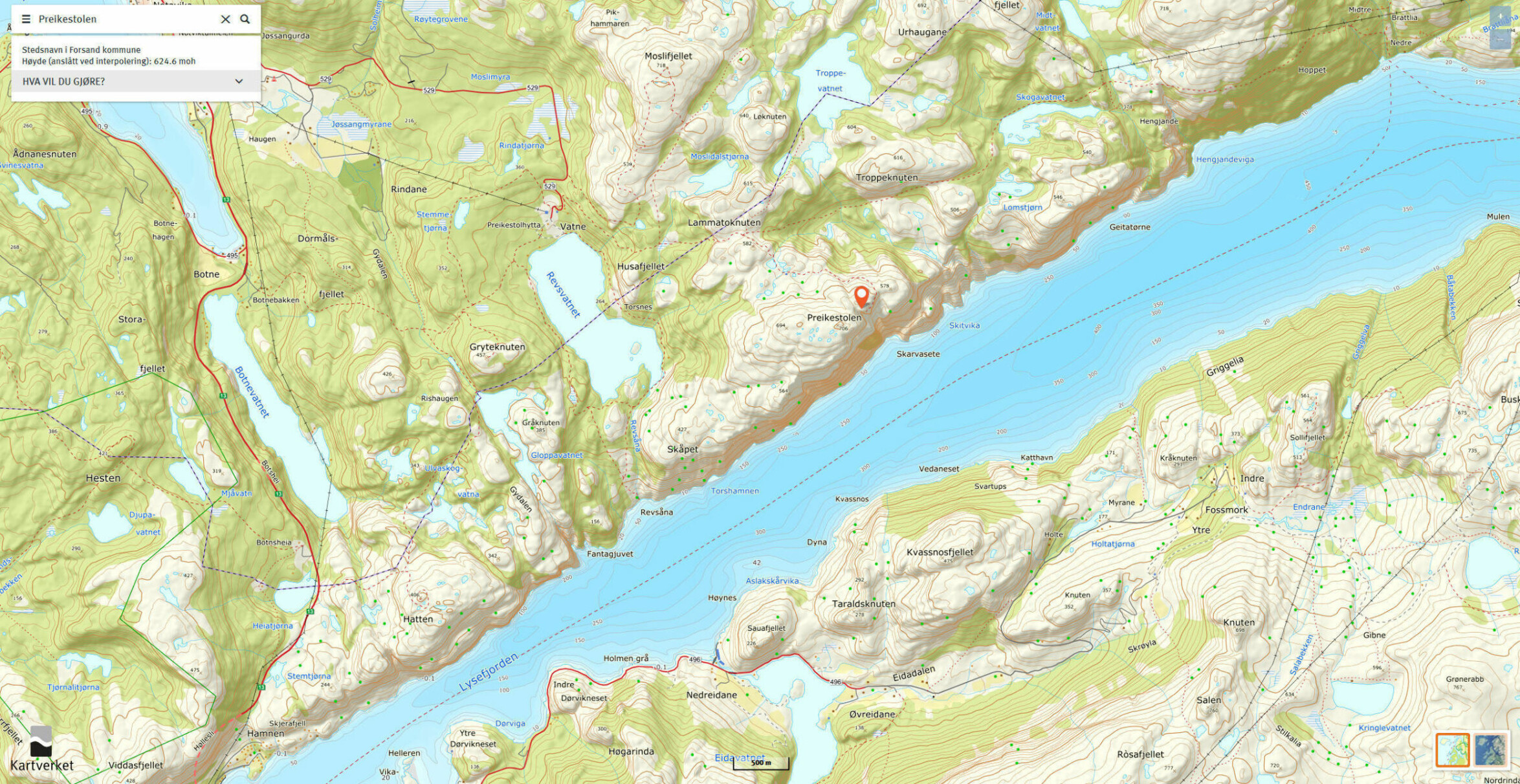 <b>KART OVER PREIKESTOLEN:</b> Hos Kartverket kan du lage ditt eget turkart over Preikestolen og andre områder i hele Norge.