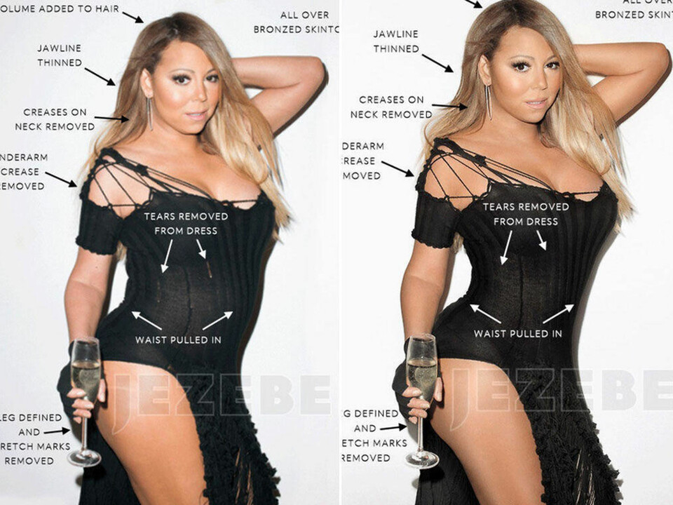 FØR OG ETTER: Mange synes Mariah Carey var flott på bildene hun stilte opp på for Wonderland Magazine. Mange ante også ugler i mosen. Og det var det.