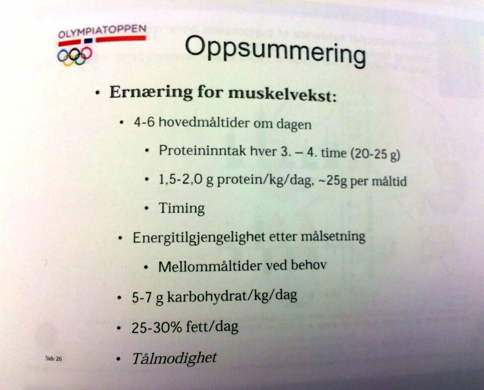 SLIDE fra Baumanns foredrag om «Ernæring for styrke- og kraftidretter - hvilke utfordringer møter vi».