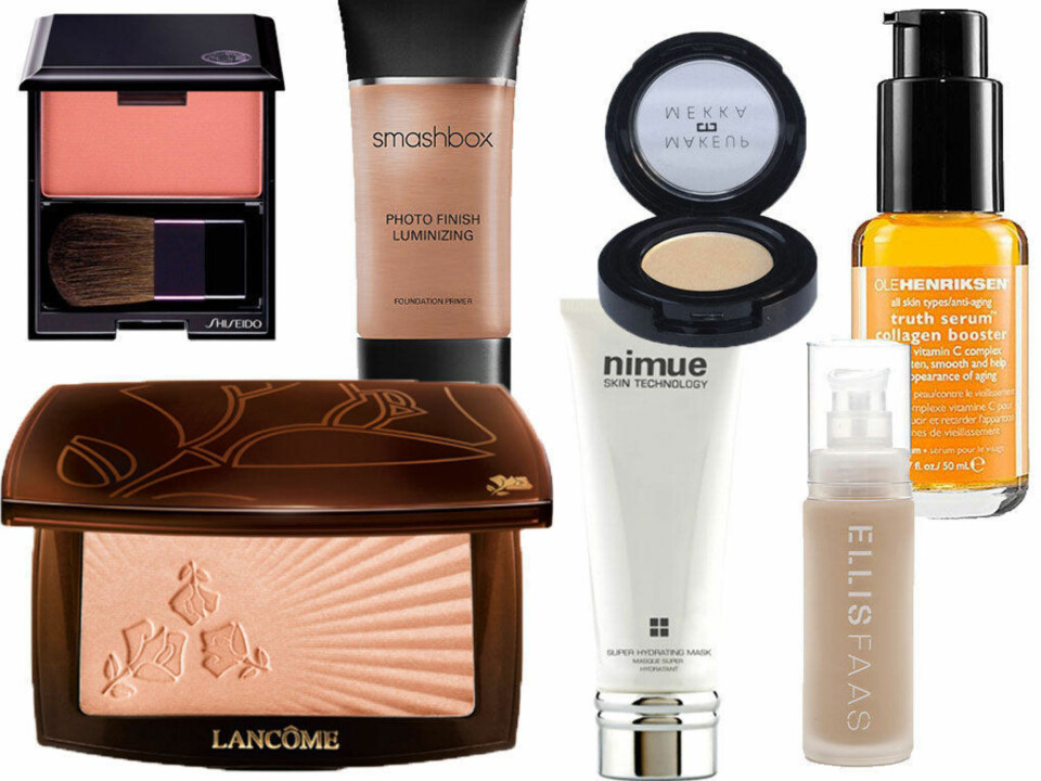 PRODUKTANBEFALINGER FRA EKSPERTENE OG SIDE2: Rouge fra Shiseiode, primer fra Smashbox, higlighter fra Makeup Mekksa, bronzer fra Lancome, fuktighetsmaske fra Nimue, foundation fra Ellis Faas, C-vitamin serum fra Ole Henriksen.