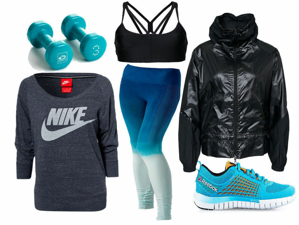 Vekter fra Abilica, topp fra New Balance, jakke fra Stella McCartney for Adidas, genser fra Nike, bukse fra Run n Relax, sko fra Reebok.