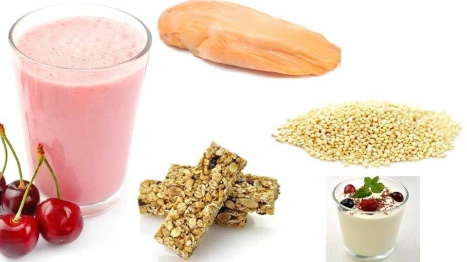 TRENINGSMAT: Kirsebærsmoothie, kylling, gresk yoghurt, quinoa og frukt- og nøttebar er god trenings-snacks.