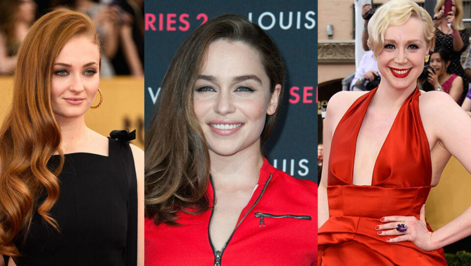 DAMENE I GAME OF THRONES: Til venstre ser du Sophie Turner som spiller Sansa Stark. Emilia Clarke er i midten og hun spiller Daenerys Targaryen. Gwendoline Christie er kjent for sin rolle som Brienne of Tarth.
