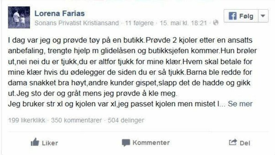 - GRÅT: Lorena Farias hevder hun ble kalt tjukk av en butikksjef, da hun stod i prøverommet for å prøve kjoler.