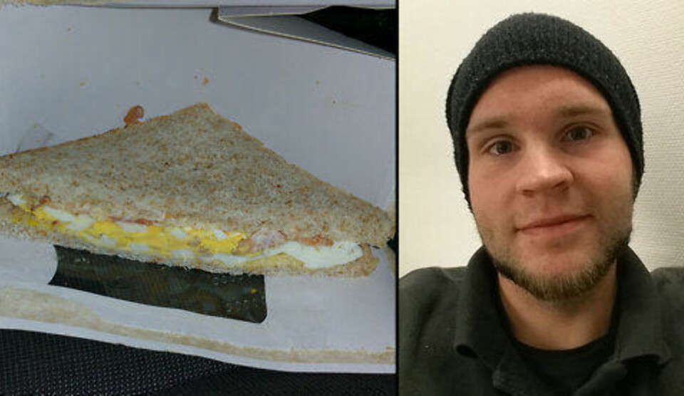 LITE IMPONERT: Morten (28) måtte le høyt da han åpnet sanwichen. - Den var tørr og jævlig sier Morten.