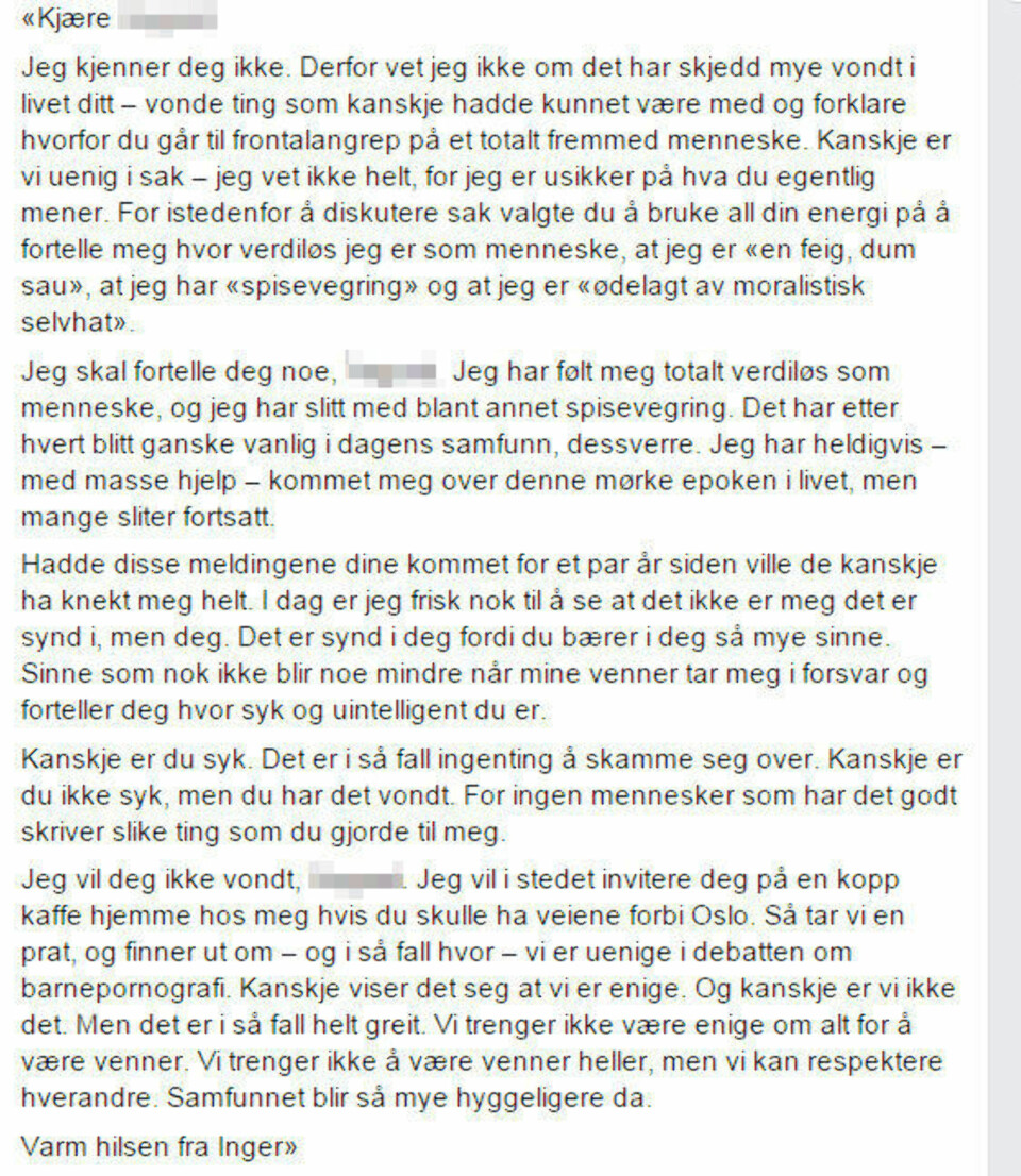 Inger Silka Zadig skriver åpent brev til mannen som mente hun var «totalt verdiløs som menneske»