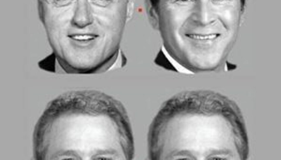 OPPSKRIFTEN ER: Se på den øverste røde prikken en liten stund. Deretter skifter du fokus til den nederste prikken, der ansiktene går litt i hverandre. Etter en stund vil du sannsynligvis se Bill Clinton til høyre og George W. Bush til venstre.