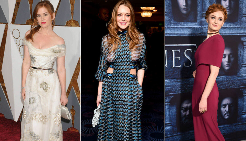 KJENTE RØDTOPPER: Isla Fisher, Lindsay Lohan og Sophie Turner har alle naturlig rødt hår.