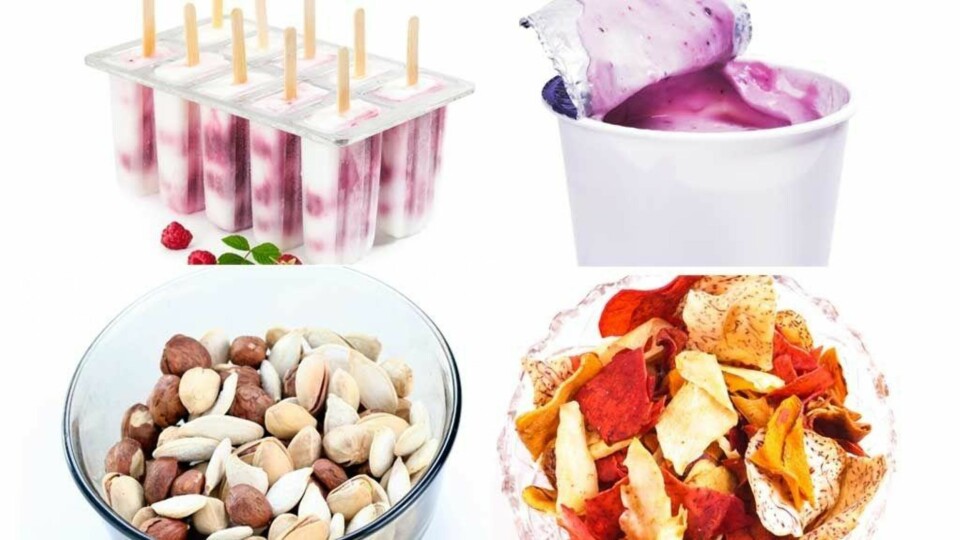 Du kan fortsatt spise snacks, men gå heller for hjemmelaget is, chips av rotgrønnsaker, nøtter og yoghurt!