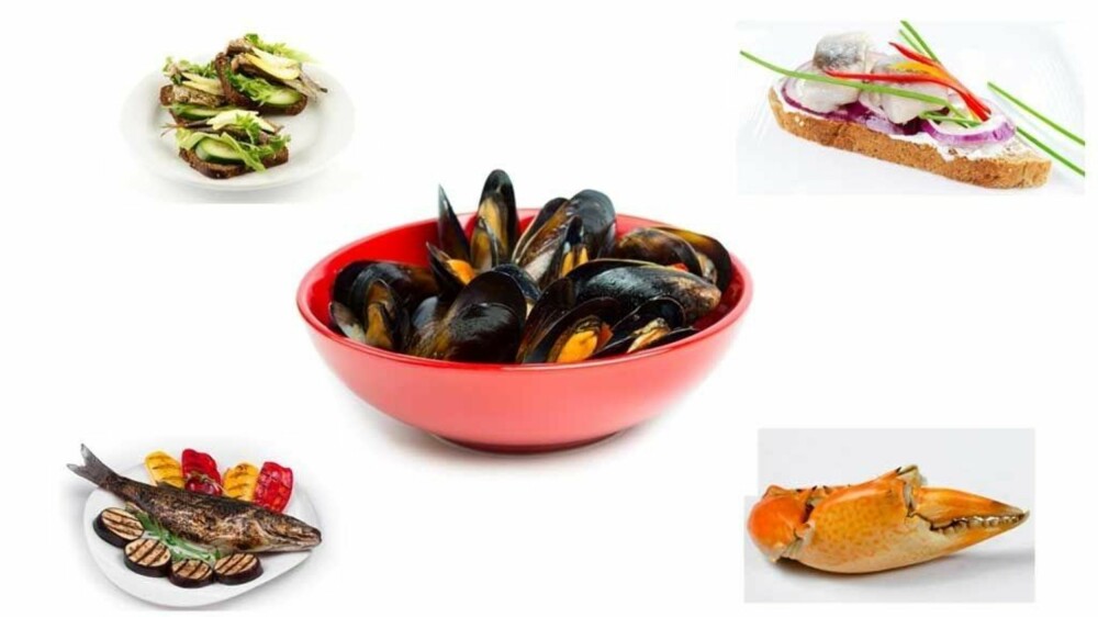 Blåskjell, havabbor, krabbe, sild og sardiner er deilig sjømat det er verdt å ha i kostholdet.