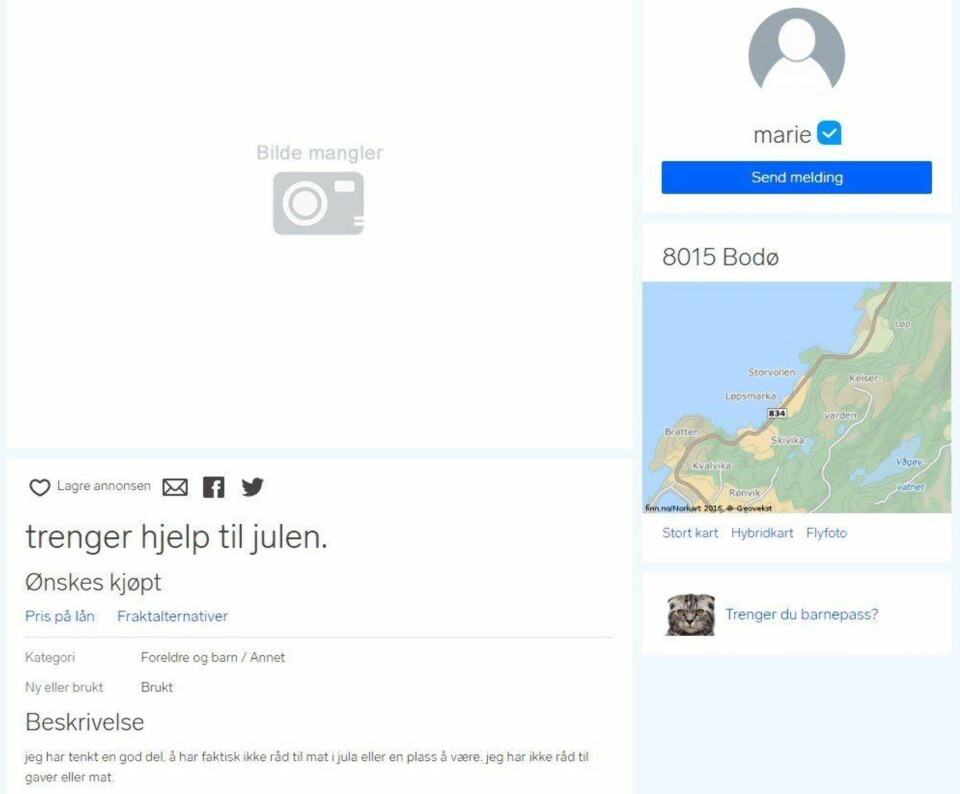 BER OM HJELP: En kvinne i 20-årene fra Bodø ved navn «Marie» har ikke noe sted å feire jul, og ber om hjelp via nettstedet Finn.no. Skjermdump: Finn
