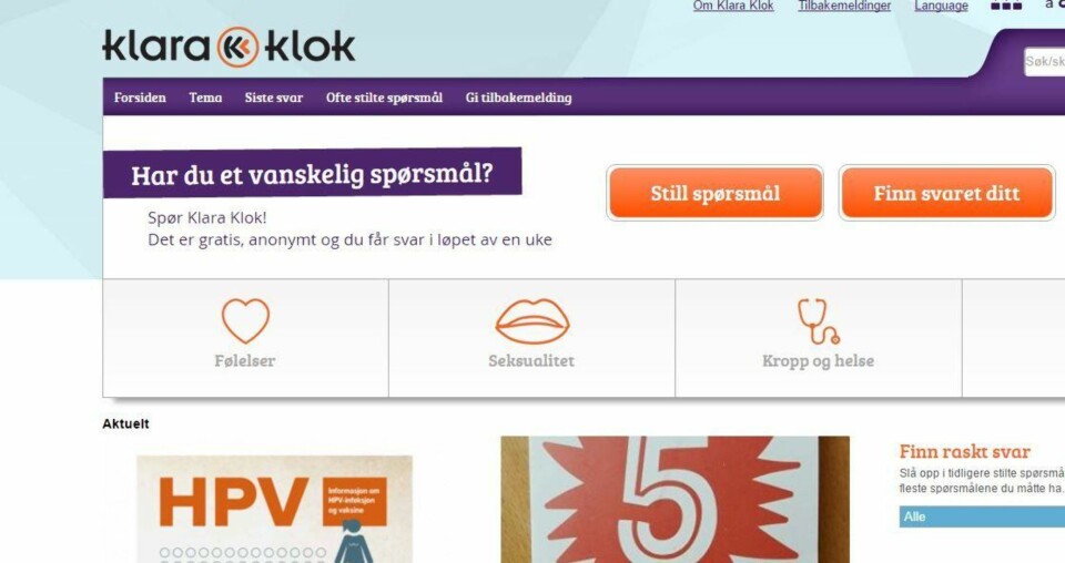 LEGGES NED: Den anonyme helsetjenesten for ungdom hadde 2,4 millioner besøk i fjor. Men fra nyttår vil regjeringen kutte driftsstøtten til tjenesten. Det vil ramme tusenvis av ungdommer, mener lege. Skjermdump: klara-klok.no