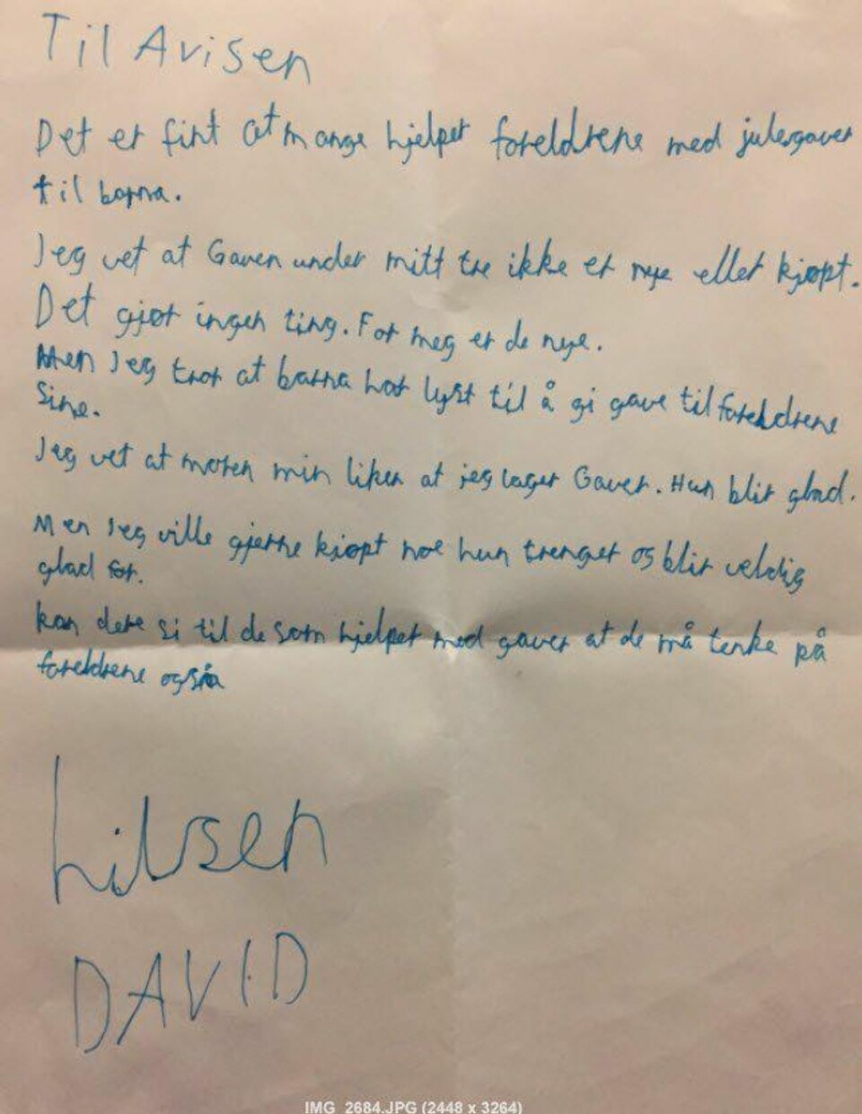 David sender julebrev til avisen for å be om at noen tenker på mammaen hans