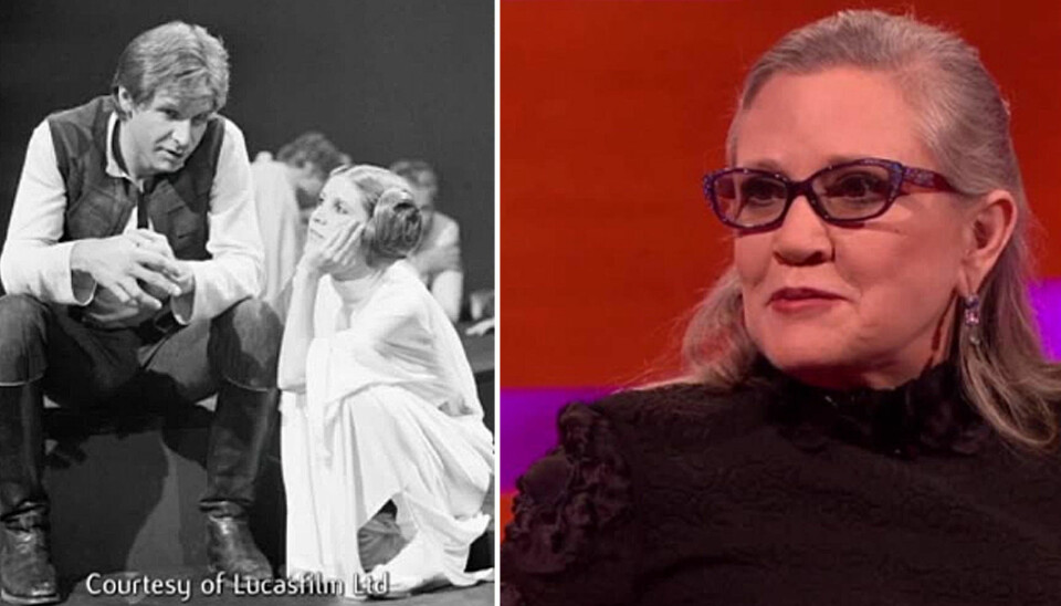 Carrie Fisher som prinsesse Leia i Star Wars (med Harrison Ford) og i talkshow med Graham Norton til høyre.