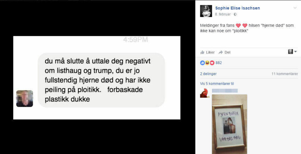 Slik henger Sophie Elise ut mann som sender hatmelding