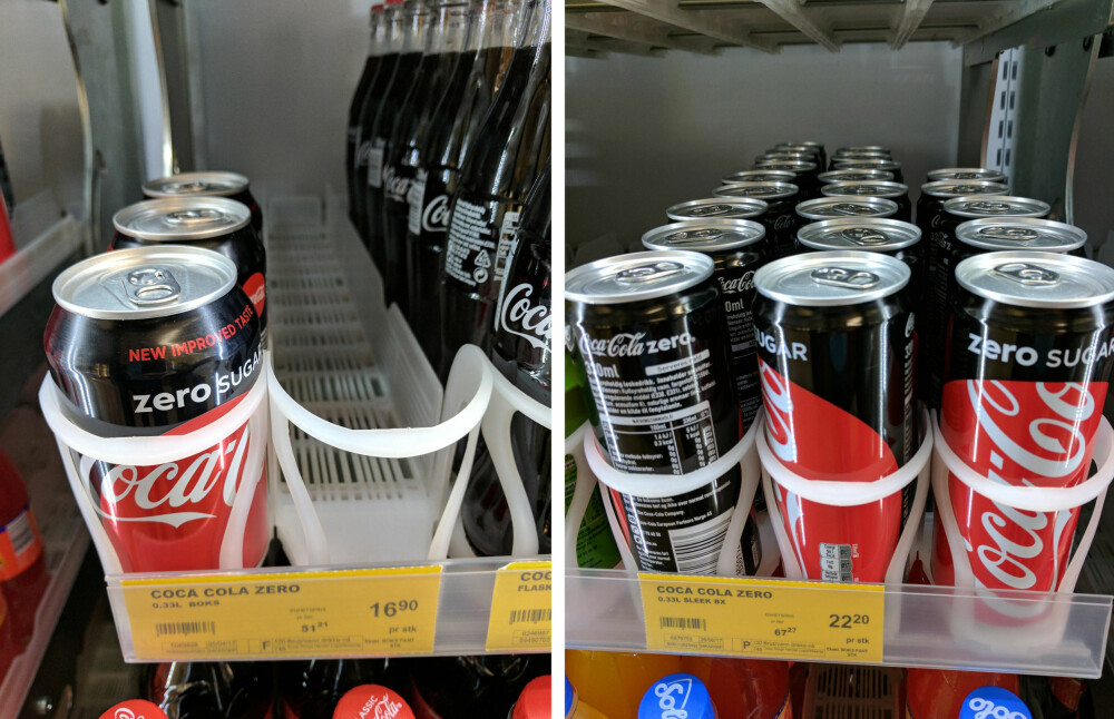 De nye Coca-Cola Zero-boksene koster betydelig mer enn de gamle. Her er pris i en Coop-butikk i Oslo. Torsdag ettermiddag ble prisfeilen rettet opp.