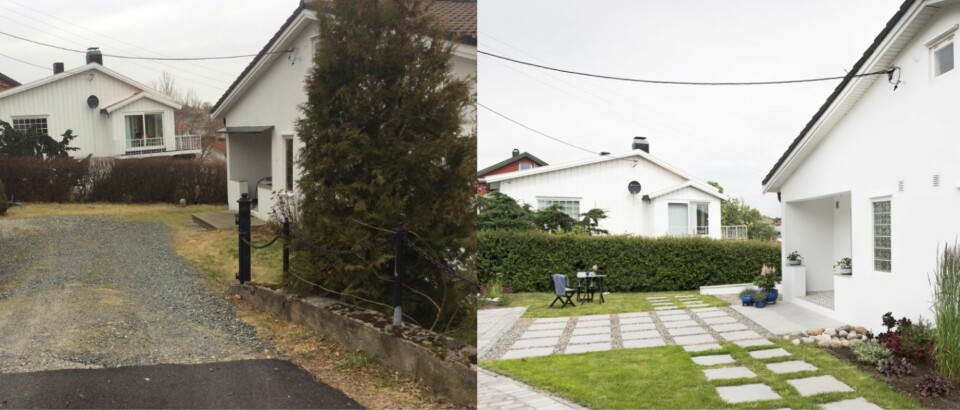 FASADEFORANDRING: Uteplassen besto av en tilfeldig miks av gress, ugress og grus. Nå har familien fått en ny uteplass og en ny entré. Foto: Privat og Niklas Hart FASADEFORANDRING: Uteplassen besto av en tilfeldig miks av gress, ugress og grus. Nå har familien fått en ny uteplass og en ny entré. Foto: Privat og Niklas Hart