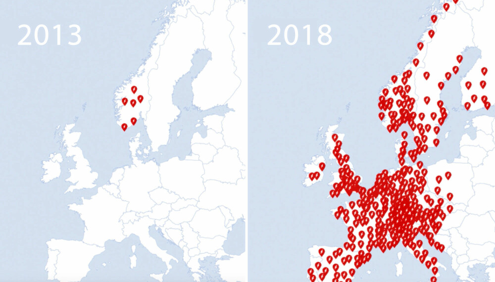 <b>INGEN MATCHER TESLA: </b>Disse to bildene illustrerer veldig godt hva som har skjedd etter at Tesla begynte å satse for fullt. I dag er det 500 hurtigladeplasser i Norge – og over 400 hurtigladestasjoner fordelt over hele Europa. Det er det ingen andre som kan matche.
