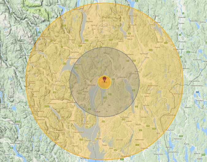 UTSLETTELSE: Effekten av en 100 megatonns atombombe over Oslo. Alt innenfor de to innerste sirklene vil bli ødelagt. Tredjegrads forbrenninger vil oppstå innenfor den ytre. I tillegg kommer virkningen av en megatsunami og dødelig radioaktivitet over store områder.
Illustrasjon: Nukemap