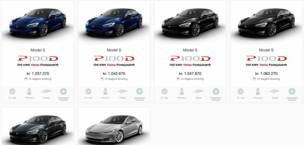 Dette er noen av bilene Tesla lover to ukers leveringstid på akkurat nå.