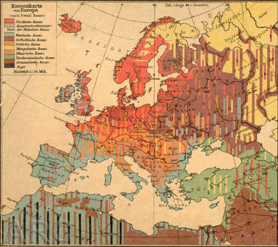 <b>RASER I EUROPA:</b> Den tyske raseideologen Hans Günthers rasekart for Europa fra 1922, viser hvor han mente den nordiske rasen holdt til (rødt).