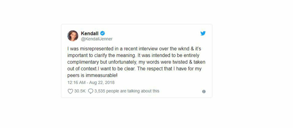 Tok til motmæle på Twitter: Kendall Jenner sier at sitatet er tatt ut av sin sammenheng.