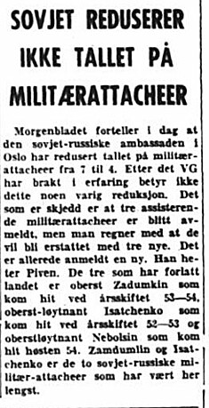 <b>HJEMREISE:</b> VG kunne i januar 1957 fortelle at tre militærattacheer hadde reist hjem fra Oslo. Disse ble avslørt under Operasjon Tom.