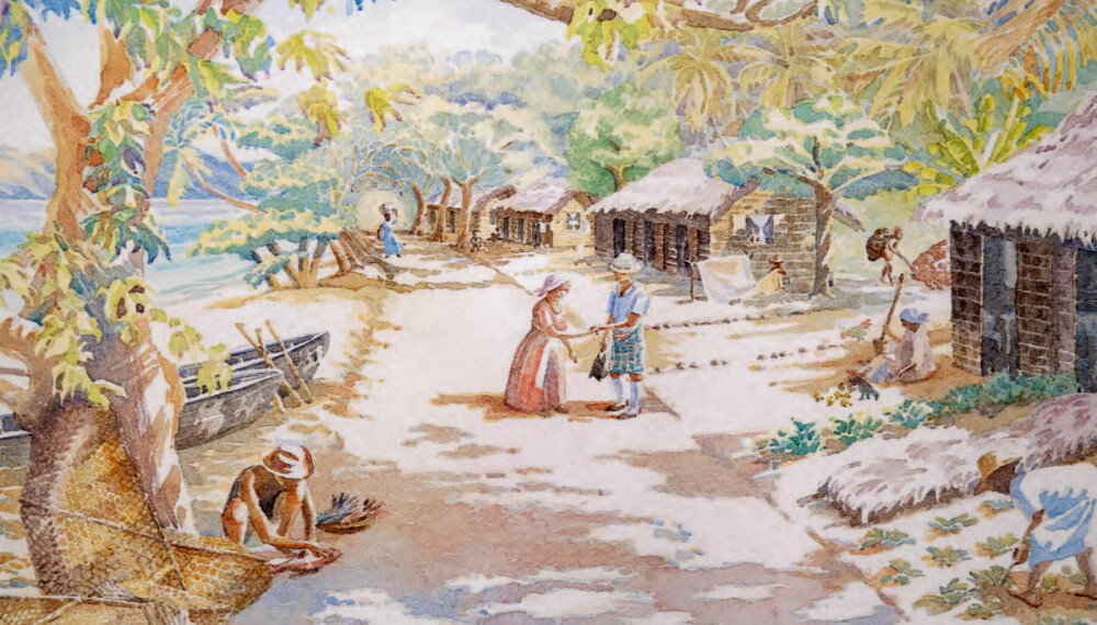 Kur med kilt: En tegning av Christine Harter viser William MacGregor i kilt (han var jo skotte), mens han hjelper lepra-pasienter på Seychellene.