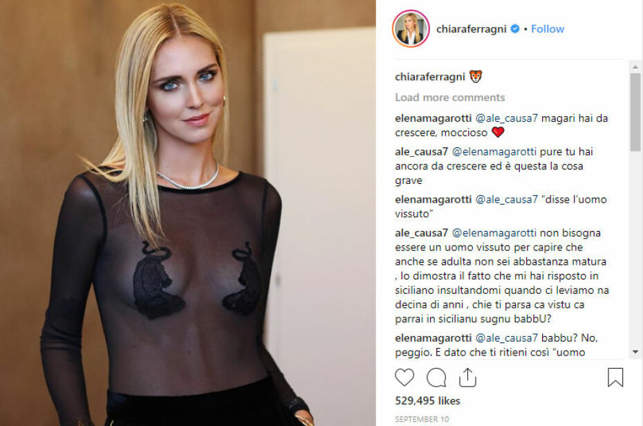 UNDERTØY BRUKT SOM KLÆR: Den italienske influenceren Chiara Ferragni i en gjennomsiktig body fra merket Intimissimi brukt som vanlig overdel.